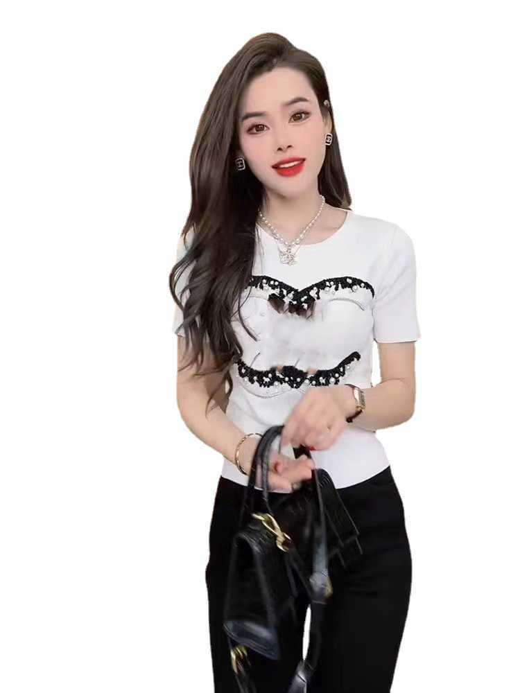 Designer t shirt Summer Acetic Acid Tiansi Small Fragrant Wind Beaded Round Neck Slim Fit Sleeve Knit Shirt Top Second Hair