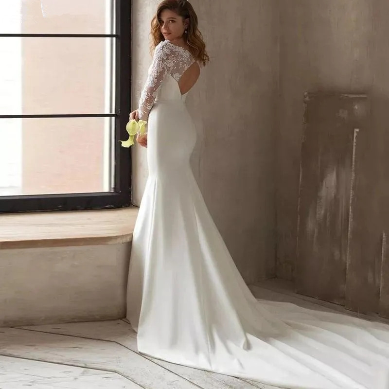 Slim and Flare Designer Mermaid Wedding Dresses With Long Sleeves White Elegant Satin Lace Boho Bridal Gowns Court Train Sexy Backless Bride Robes de Mariee