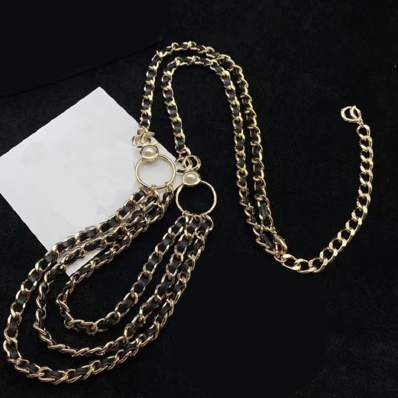 Pendant Necklaces European and American high-quality popular jewelry twist chain black sheepskin belt with half piece pearl multi-layer waist chain