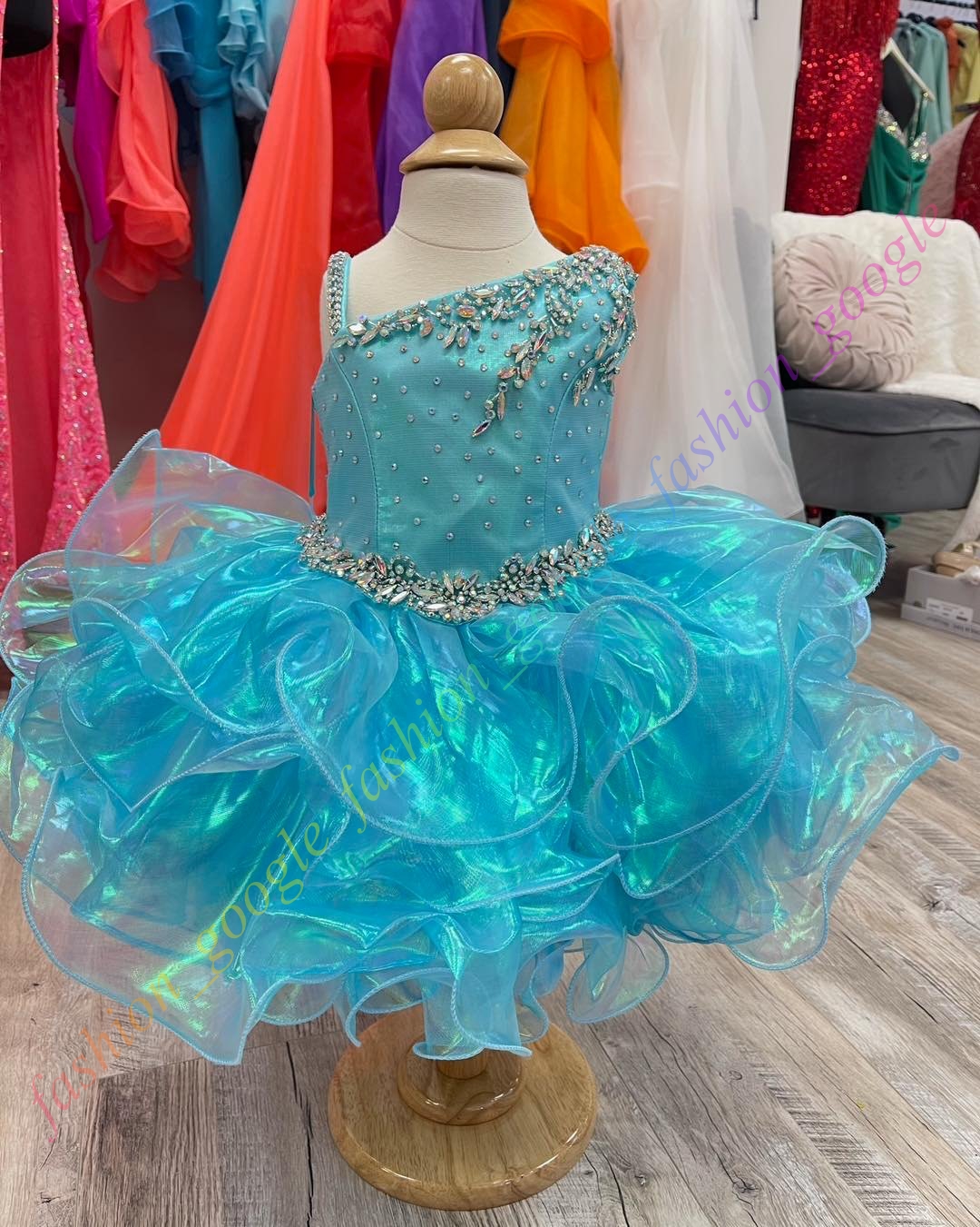 Iridescent Little Girl Cupcake Pageant Dress One-Shoulder Beaded Ruffles Glitz Baby Kid Fun Fashion Runway Drama Birthday Formal Cocktail Party Gown Toddler Infant