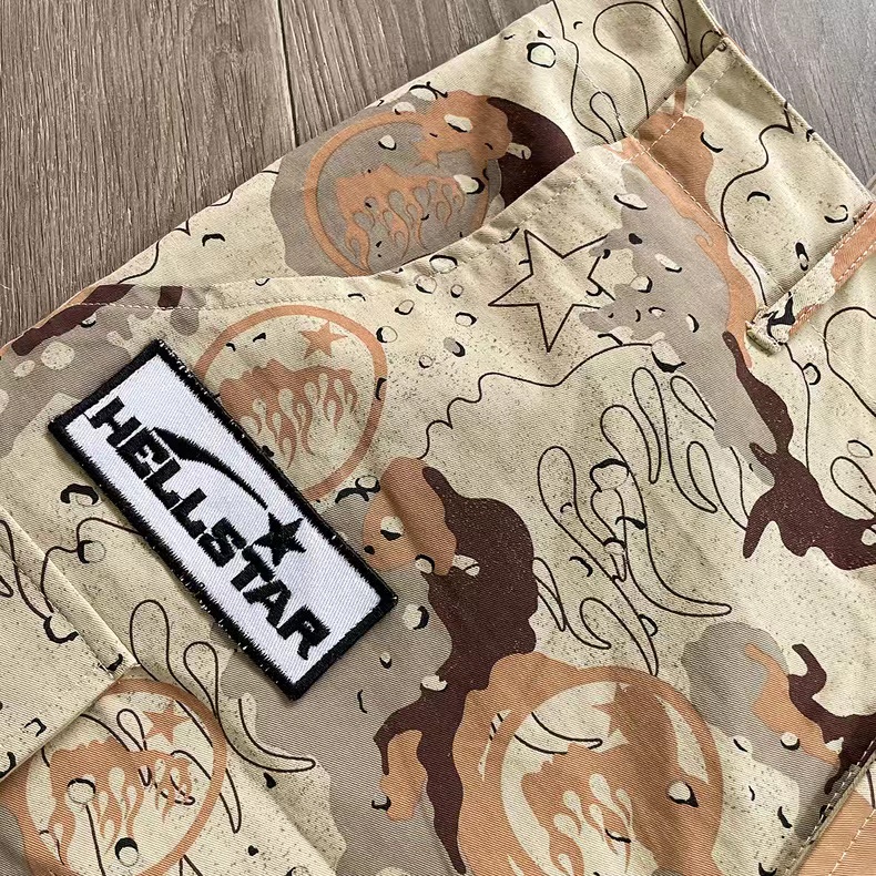 Hellstar – short pour hommes, vêtements de travail, camouflage, broderie imprimée, pantalon ample, Hip Hop, décontracté, fendu, Shorts pour femme