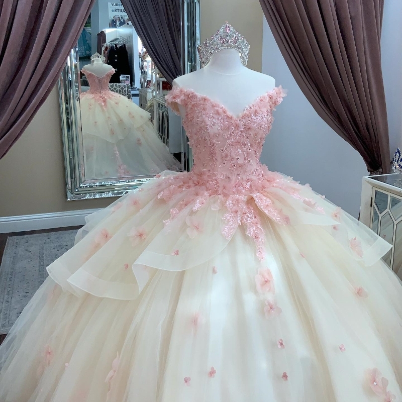 Robe De Quinceanera rose, col en v, épaules dénudées, Corset, robe De fête d'anniversaire, en tulle, à fleurs, 2024