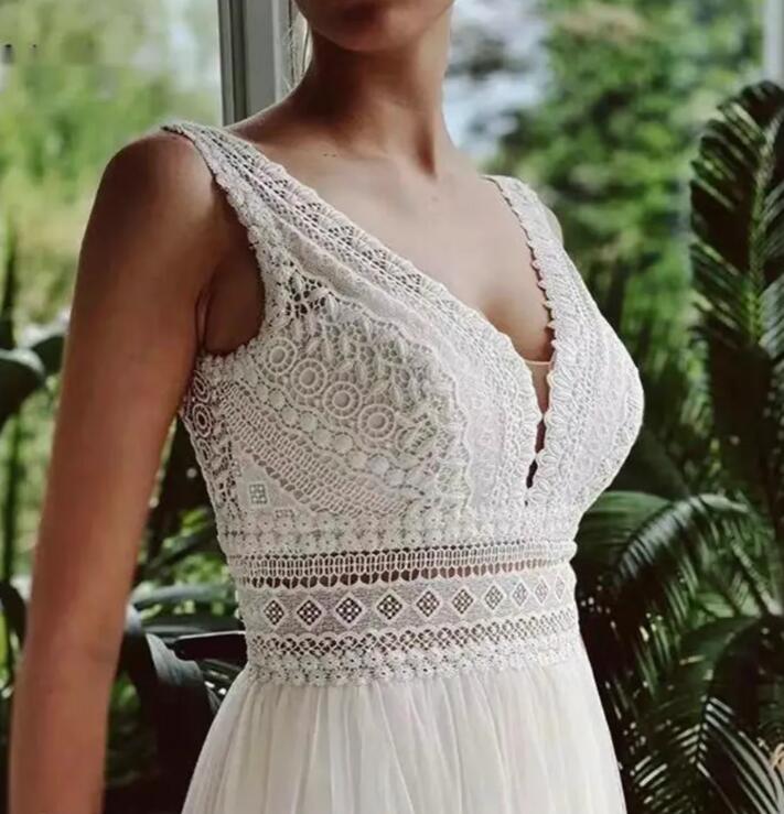 2023 vestido de novia Boho Wedding Dresses Sexy V Neck Beach Lace Bridal Wedding Gowns Elegant Bohemian Tulle A Line Bridal Dress