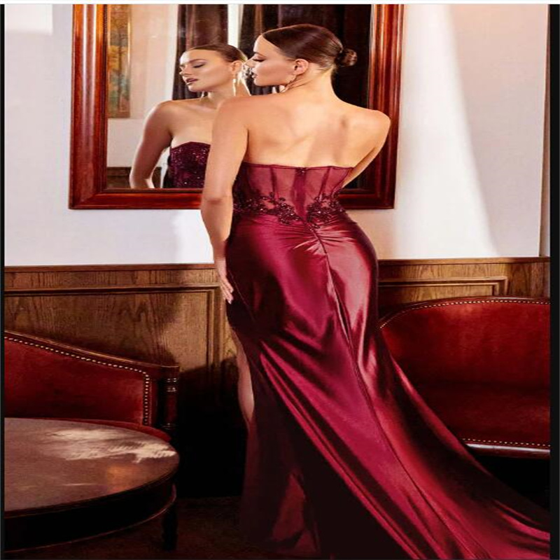 Trägerlose lange Abendkleider für Frauen, formales Spitzen-Perlenkleid für den Abschlussball, seitlich geteilt, elegante Damen-Abschlussballkleider, sexy, neu