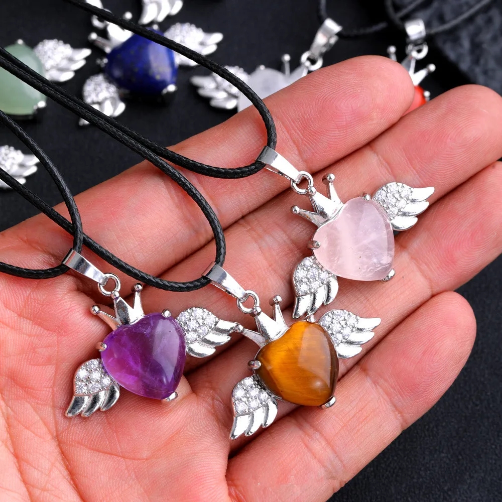 Natural Stone Heart Wing Pendant for Women Rose Quartz Amethyst Tiger Eye Charms for Jewelry Making Necklaces Wholesale