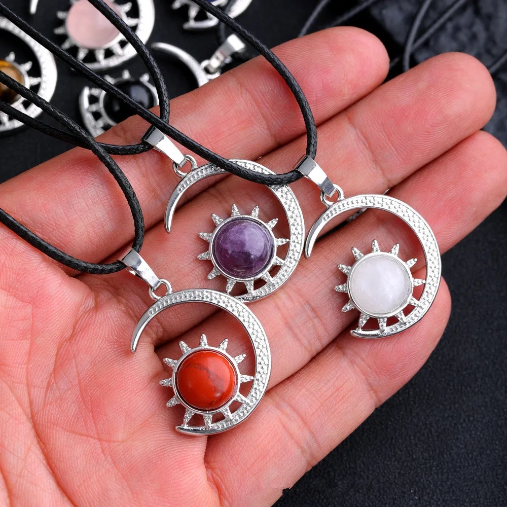 Pendentif lune et soleil en pierre naturelle, Quartz Rose, œil de tigre, améthyste, breloques pour la fabrication de bijoux, porte-clés et collier, vente en gros