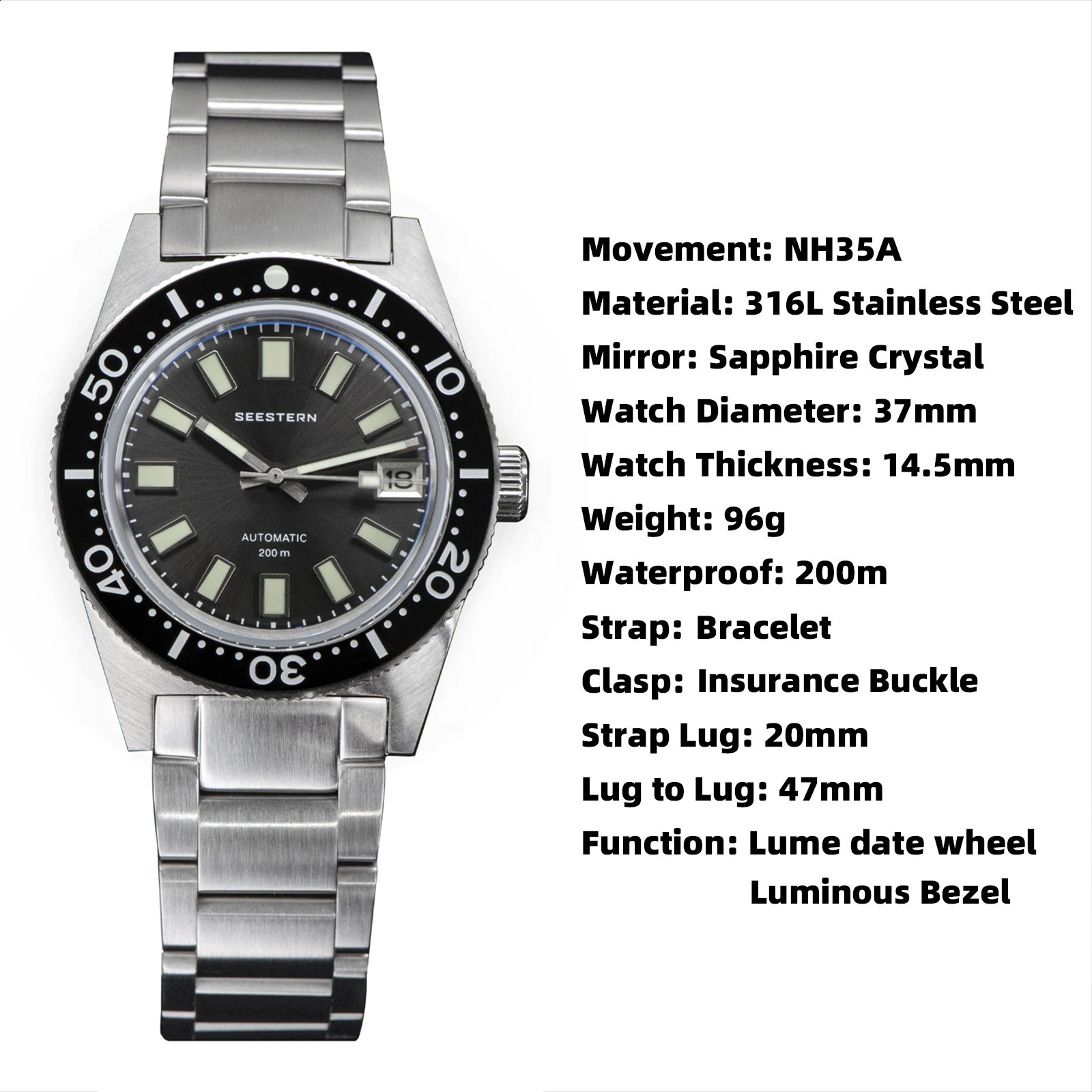 Andra klockor Seestern 62mas Diving Watch Men Automatisk mekanisk armbandsur Luminous Bezel Waterproof NH35 Movement Sapphire Glass Armband 231116