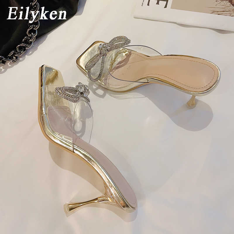 Sandaler PVC transparenta kvinnor tofflor Fashion Crystal Bowknot High Heels Jelly Shoes New Summer Female Mules Slides 230316