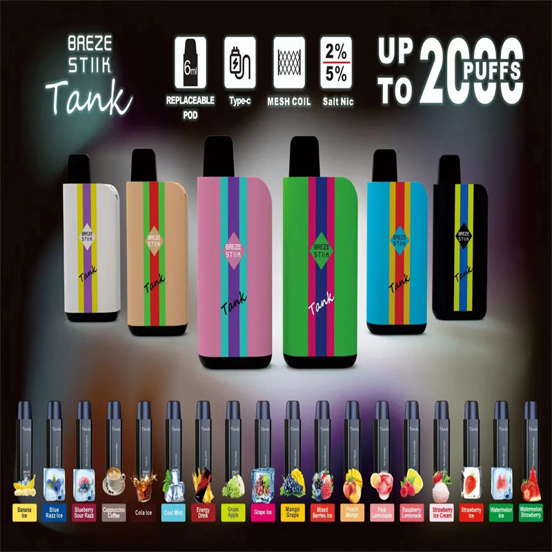 Breze stiik Tank Device 2000 puffs 6ml Pre-filled Replaceable Cartridges Disposable e cigarettes with Type-C Pods Breze stiik