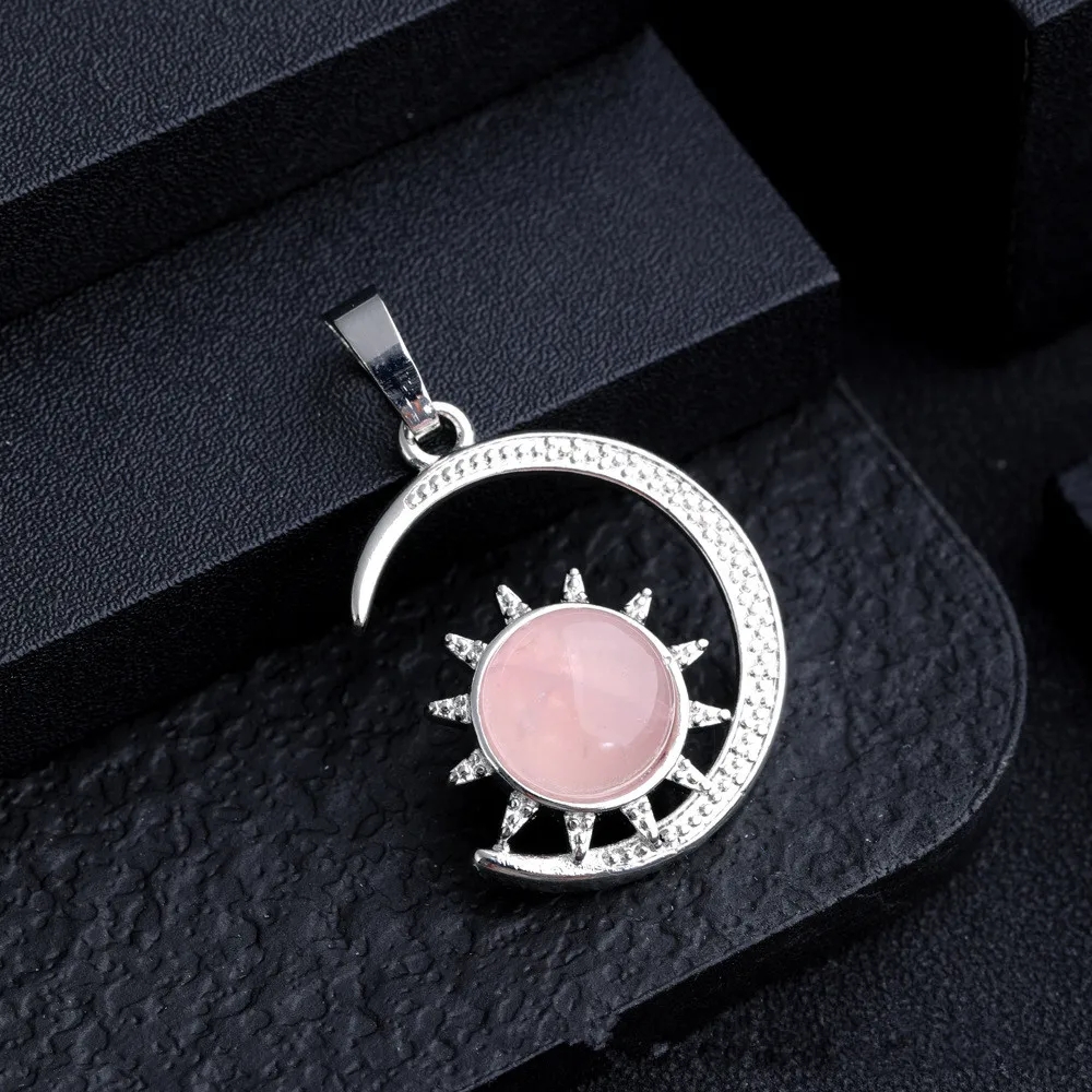 Pendentif lune et soleil en pierre naturelle, Quartz Rose, œil de tigre, améthyste, breloques pour la fabrication de bijoux, porte-clés et collier, vente en gros