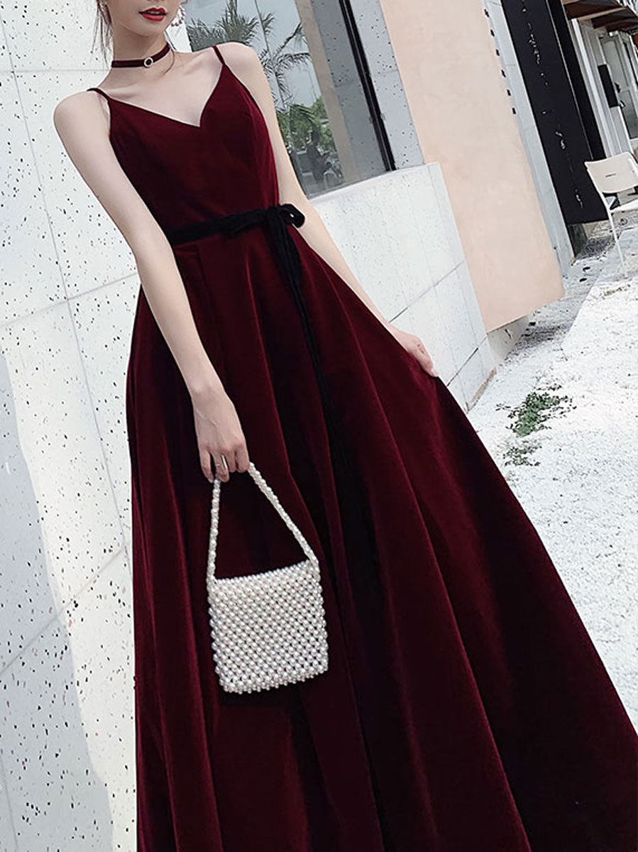 Elegant Korean Long Burgundy Velvet Prom Dresses With Pockets A-Line V-Neck Spaghetti Pleats Floor Length Formal Party Evening Dress Robes de Soiree for Women