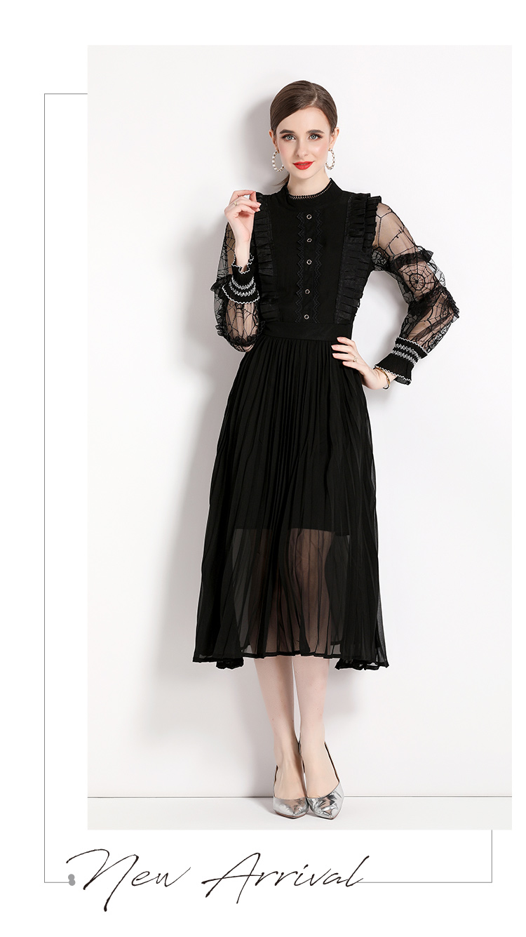 Casual Dresses 2023 Runway Spring Mesh Patchwork Chiffon Pleated Dress Women's Stand Collar Ruffles See Through Long Sleeve Vintage Brodery Dress