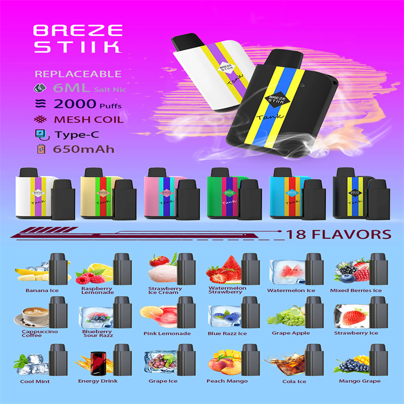 Breze stiik Tank Device 2000 puffs 6ml Pre-filled Replaceable Cartridges Disposable e cigarettes with Type-C Pods Breze stiik