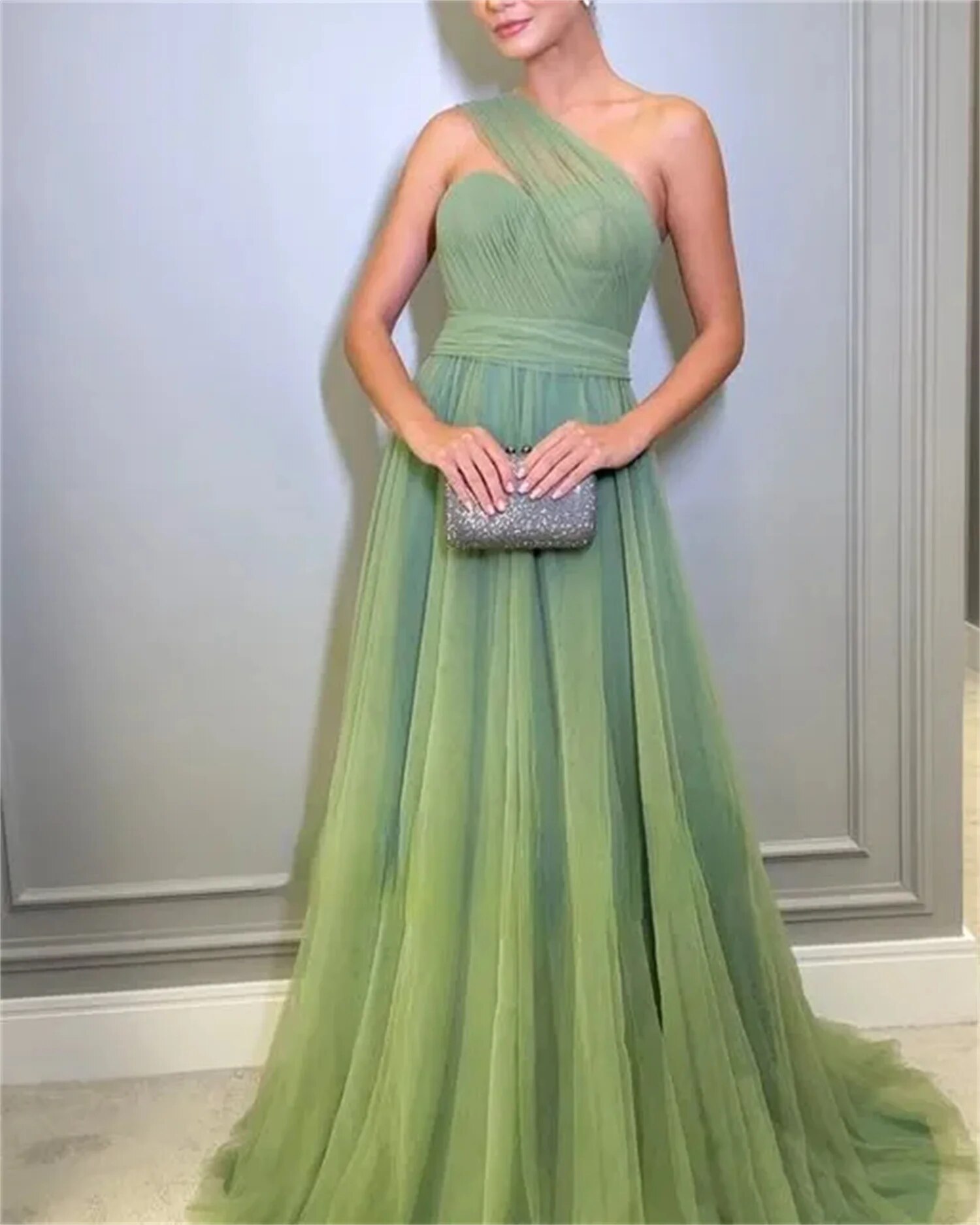 Lyxig Sage Green One Shoulder Prom Dress Kvinnakvällsklänningar för specialevenemang Backless Gala Dress Formella klänningar