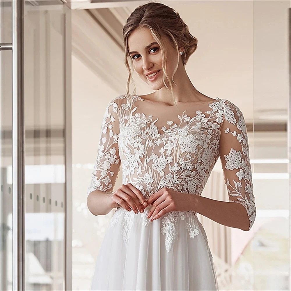 Abiti da sposa vintage lunghi Boho con scollo rotondo in tulle, mezze maniche con applicazioni in pizzo, abiti da sposa lunghi fino al pavimento