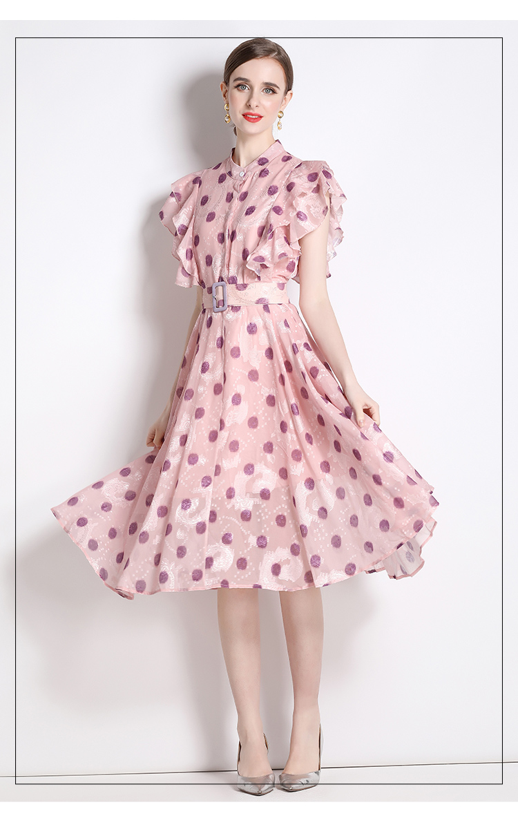 Casual Dresses 2023 Summer Ruffles Sweet Pink Dress Fashion Designer Women Runway High Street Dot Print Pleated Elegant Belt Vacation Dress