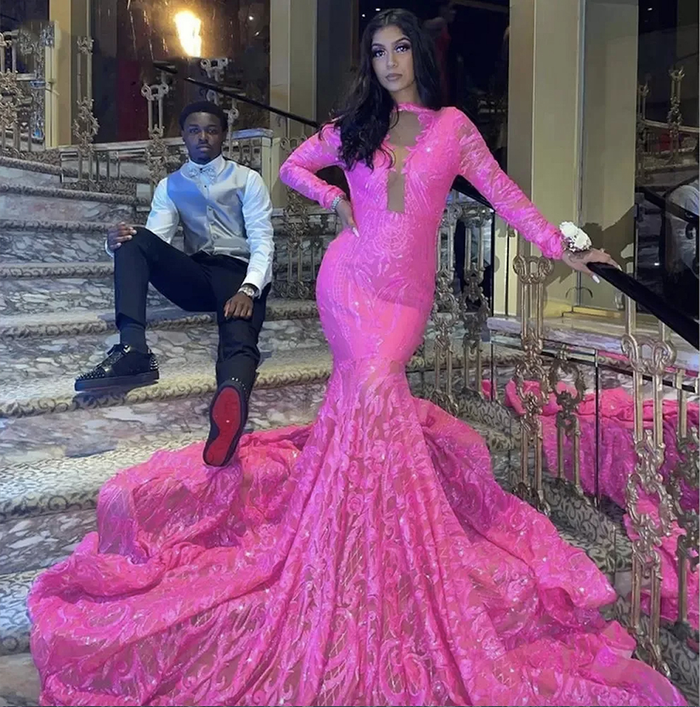 Fuchsia Mermaid Long Prom Dresses African Black Girl Long Sleeves Sparkly Sequin Lace Luxury Party Evening Dress