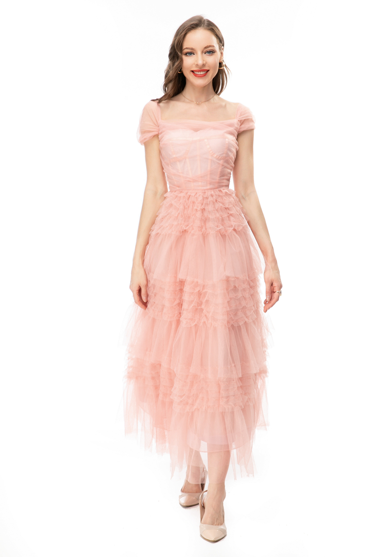 Kvinnors banor klänningar snedstreck halsringning Kap ärmar Tiered Ruffles Elegant Designer Party Prom Gown