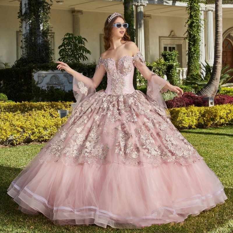 Abiti stile Quinceanera rosa ragazza dolce in rilievo con paillettes applique in pizzo abito da ballo laurea abiti da 15 anos