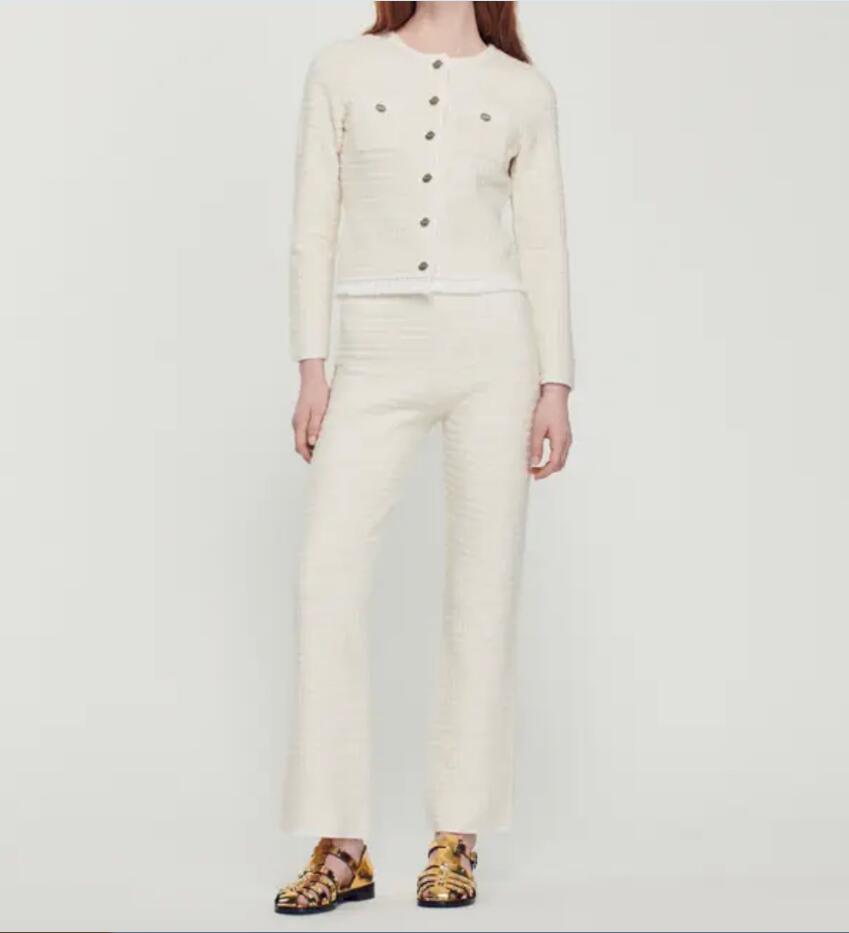 23-San dro Новый женский комплект из французского твидового вязаного кардигана куртка+брюки