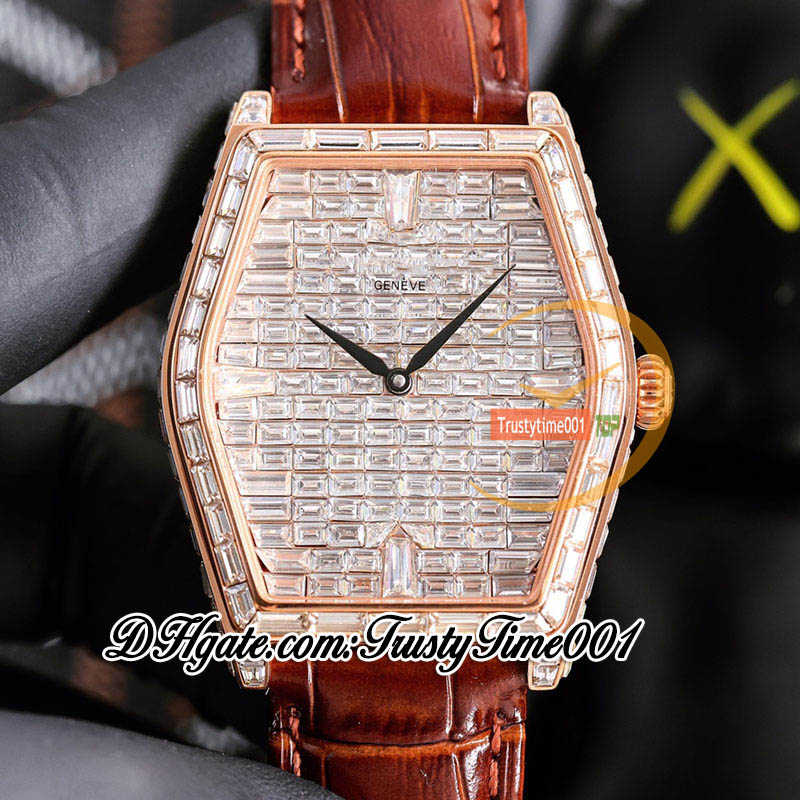 Twf Malte utwardzona bagietka diamenty tarcza A21J automatyczne męskie zegarek różowe złoto lodowane bagietka diamentowa ramka czarna skórzana biżuter
