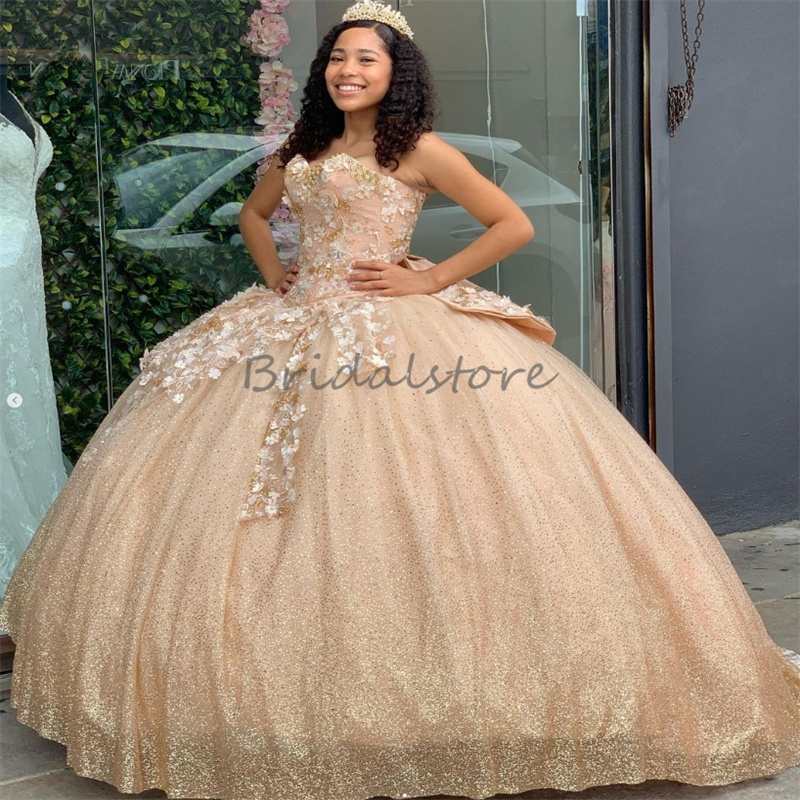 Luxo dourado quinceanera vestidos princesa querida flor branca vestidos de 15 anos dezesseis aniversário lantejoulas doce 16 quinze xv vestido debutante baile 2024