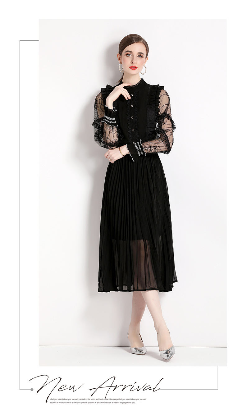 Casual Dresses 2023 Runway Spring Mesh Patchwork Chiffon Pleated Dress Women's Stand Collar Ruffles See Through Long Sleeve Vintage Brodery Dress