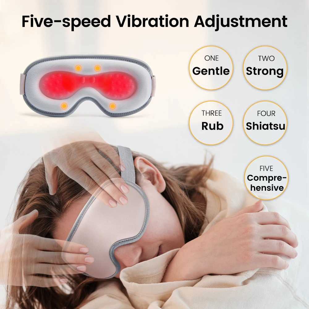 Sömmasker Ny elektrisk uppvärmd ögonmask Sovet Trådlös laddningsbar vibration Massager Lindra Strain Dark Circles Dry 231116