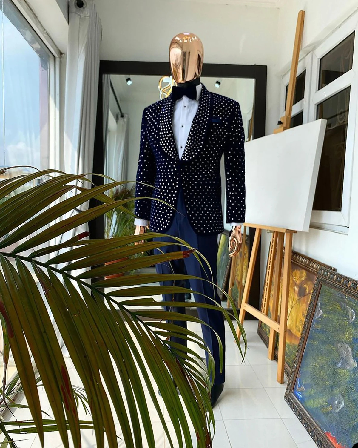 Smoking da uomo in velluto blu scuro, giacca in 2 pezzi, pantaloni, set da sposa, sposo, perline di cristallo, risvolto con visiera, blazer da lavoro