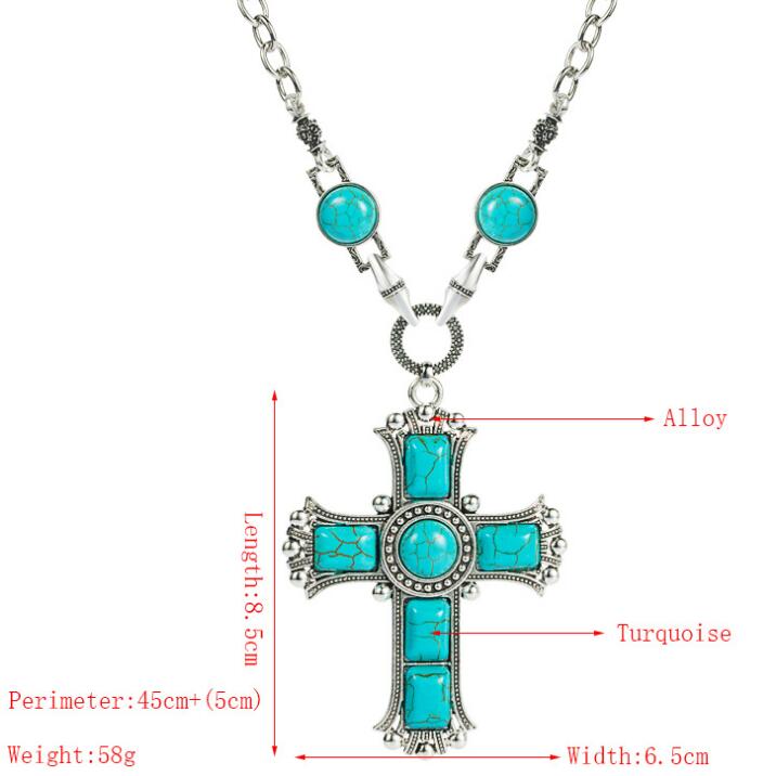 Vintage Personality turquoise Cross Necklaces women multi-layered alloy sweater chain pendant Exaggerated jewelry