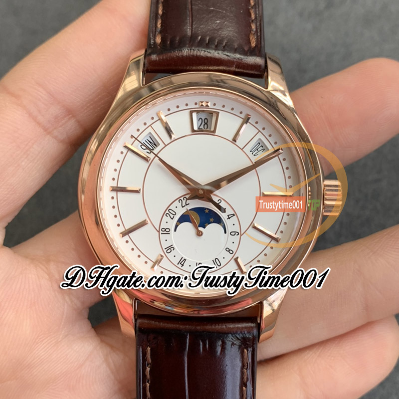 GRF V2 gr5205 A324 QALU24H/206 Automatic Mens Watch Complications Annual Calendar Rose Gold Moon Phase White Dial Leather Strap Super Edition trustytime001Watches