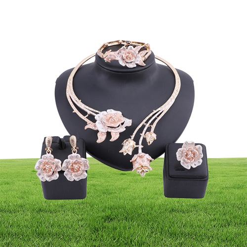 New Women Dubai Gold Color Statement Flower Crystal Wedding Accessories Necklace Earring Ring Bangle Jewelry Set3969196