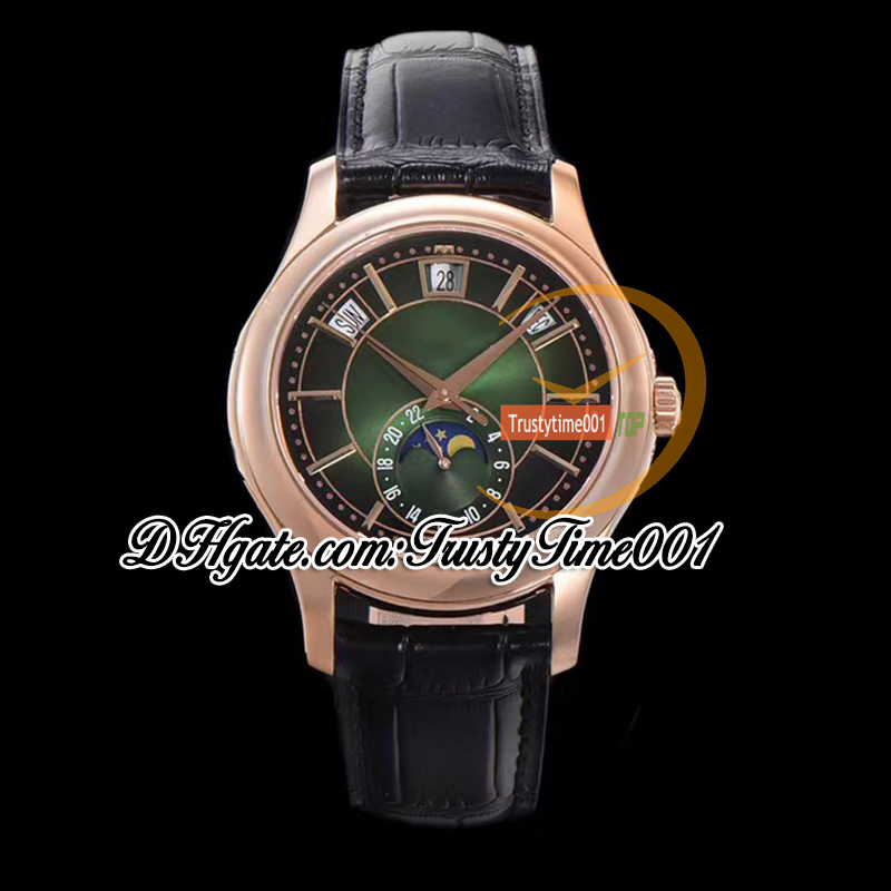 GRF V2 gr5205 A324 QALU24H / 206 Relógio automático masculino Complicações Calendário anual Rosa ouro fase da lua verde oliva mostrador couro super edição trustytime001Relógios