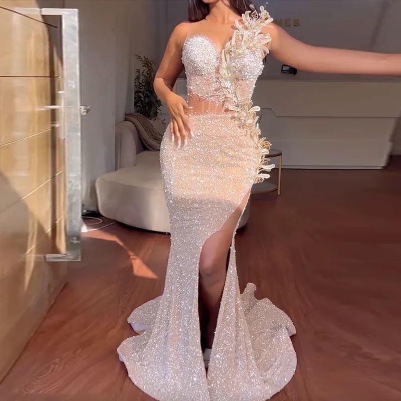 ASO EBI Style Beading Prom Dresses Handgjorda spetsblommor Sidoslits Elegant Evening Party Gown African Formal Dress Mermaid 2024