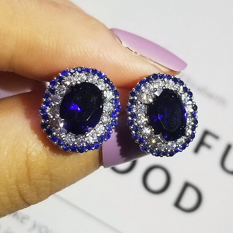 Księżniczka Diana Lab Sapphire Stud Colring 925 Srebrna biżuteria