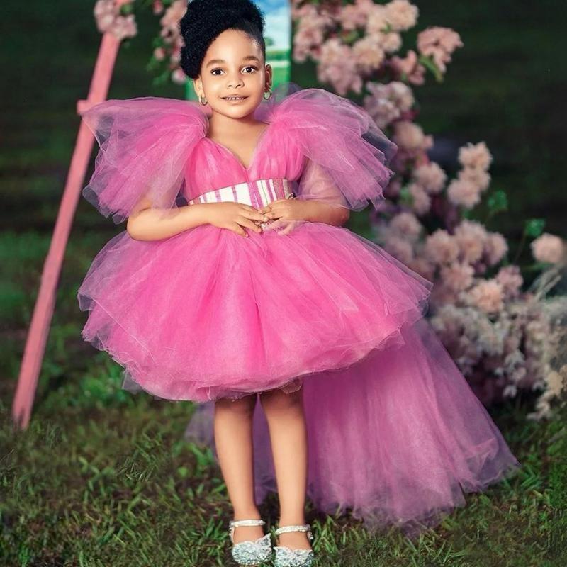 Hot Pink High Low Cocktail Dresses Tulle Deep V-Neck Cap Sleeves Cute Mother and Daughter Dress Party Black Women's Lovely Formal Wear