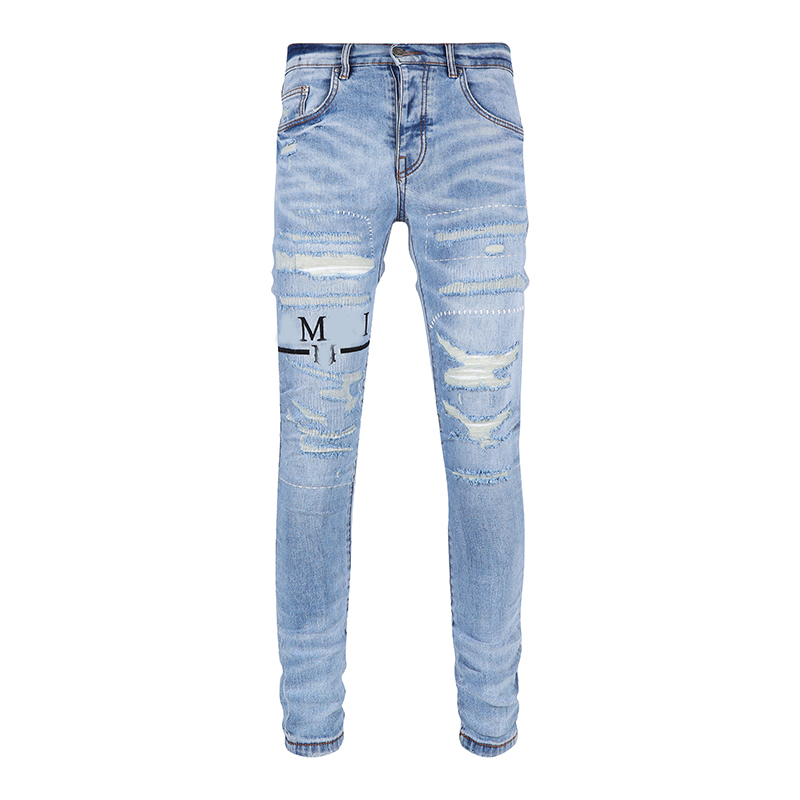 Mens Jeans nödställda motorcykelcyklist Jean Rock Skinny Slim Ripped Hole Letter Top Quality Brand Hip Hop Denim Pants28-40