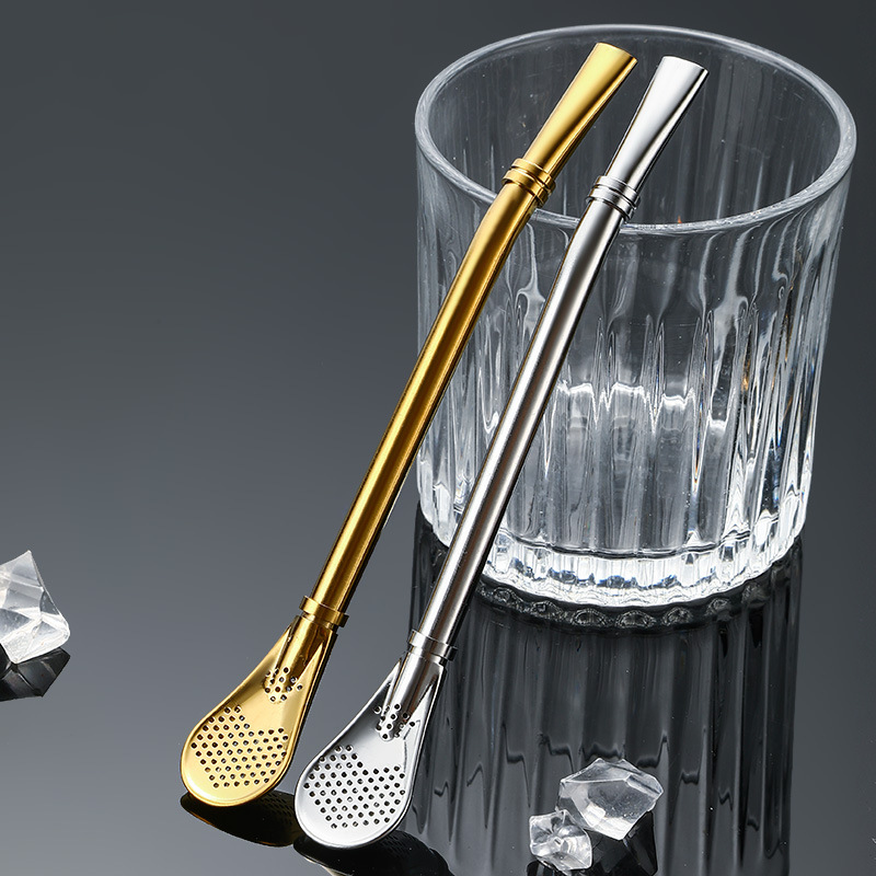 Cuillère à paille en acier inoxydable, cuillères à mélanger le café et le thé, accessoires ménagers pour le thé, cuillères filtrantes à Double anneau