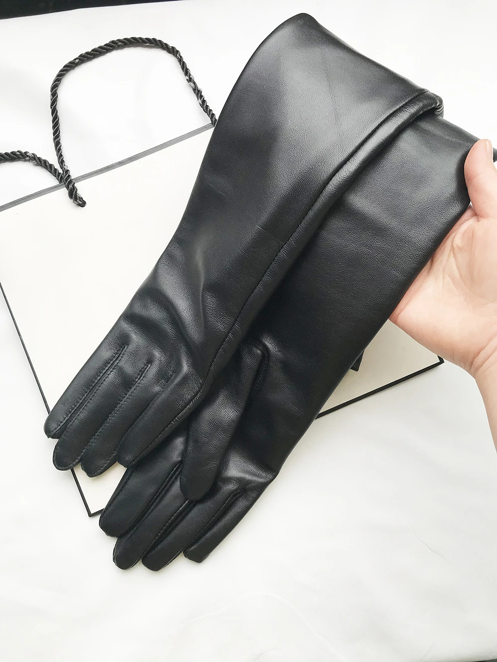 Five Fingers Gloves Men Genuine Leather Long Gloves Extra Long Straight Style Sheepskin Winter Warm Cuff Gauntlet Gloves 231115