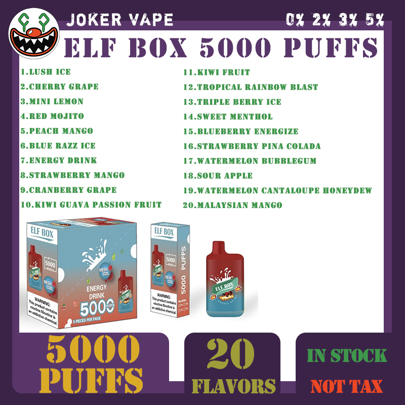 ELF BOX 5000 Puffs Cigarettes électroniques jetables originales 0,8 ohm Bobine de maille 12 ml Batterie rechargeable Cigs électroniques Puff 5K 0% 2% 3% 5% Vape jetable en stock