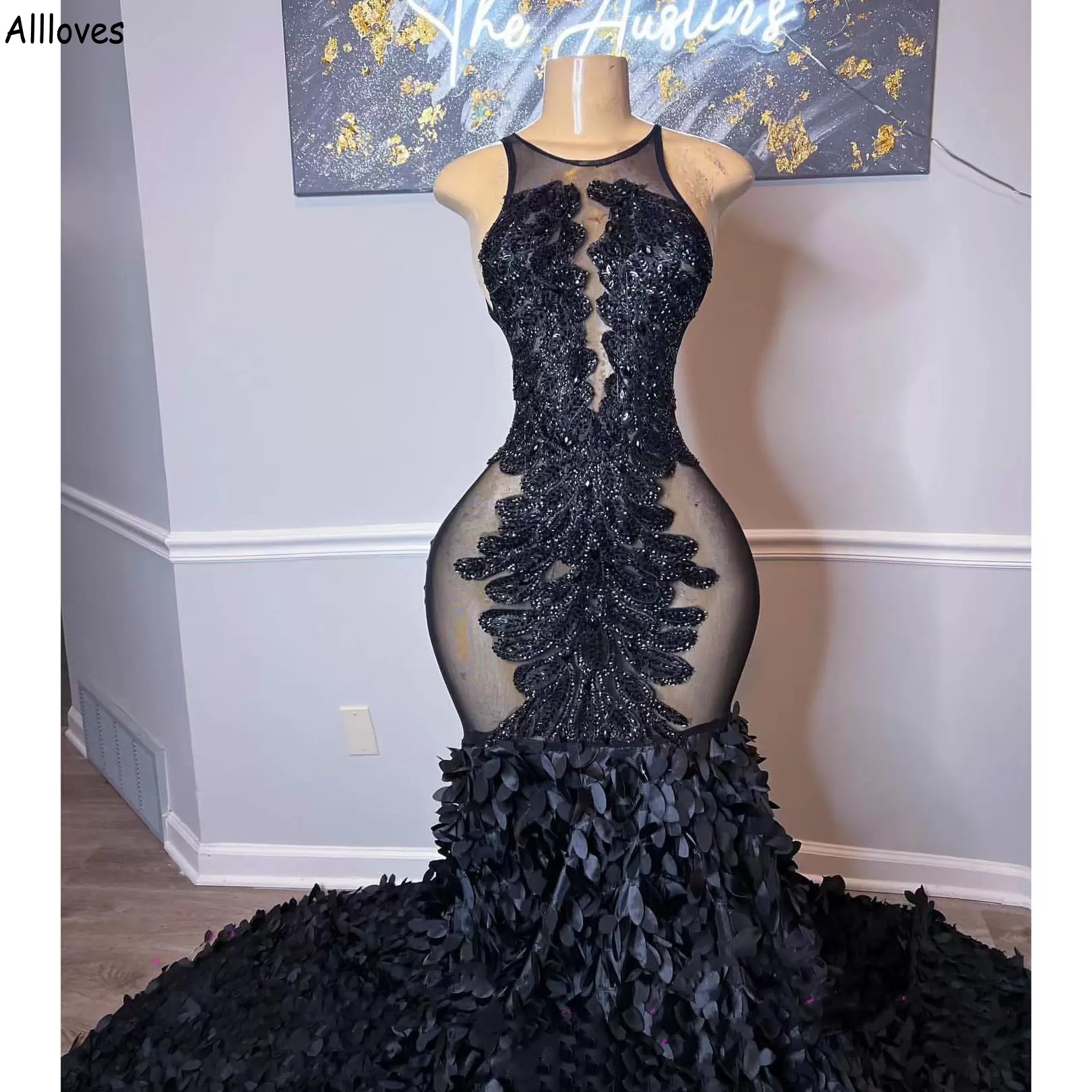 Classic Black Long Mermaid Evening Dresses For African Girls Jewel Neck See Through Sexy See Through Prom Party Gowns Lace Fishtail Second Reception Dress CL2172