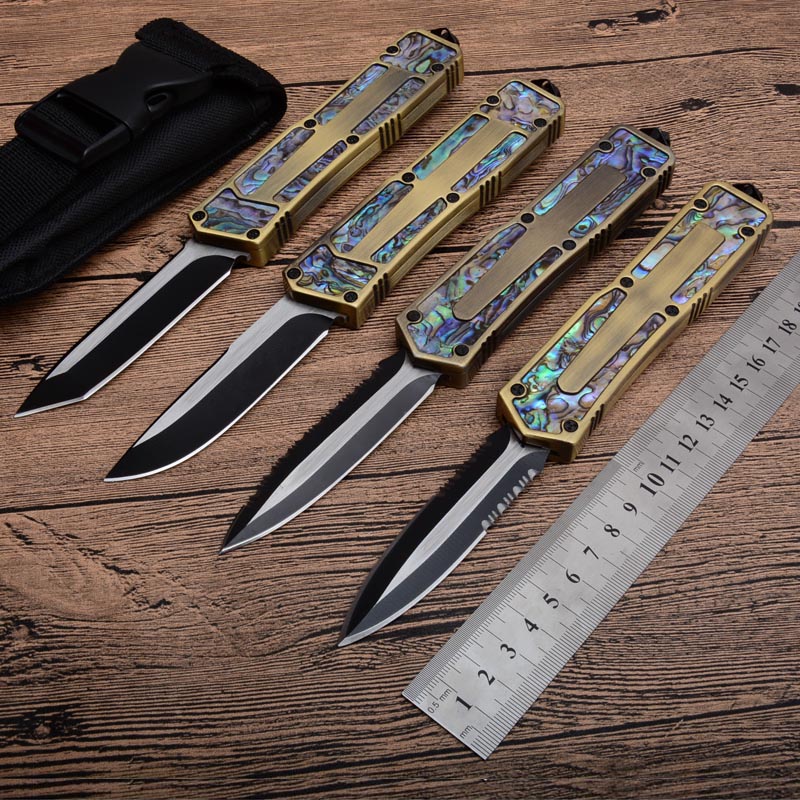 Top Quality Gold Handle AUTO Tactical knife 440C 58HRC Black Two-tone Blade 4 Option Models EDC Pocket Knife Gift knives with nylon bag Xmas Gift