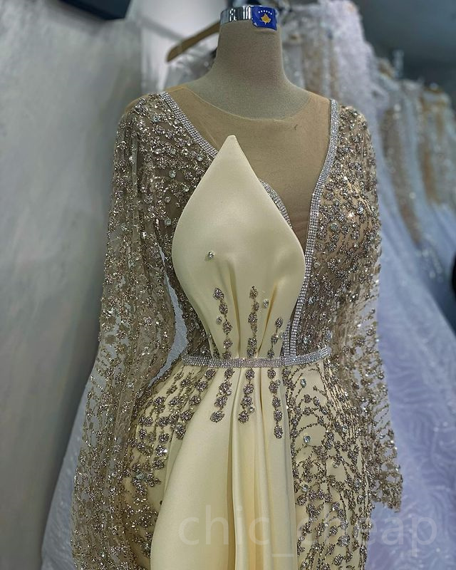 2023 April Aso Ebi Gold Mermaid Prom Dress Crystals Sequined Lace Evening Formal Party Second Reception Birthday Engagement Gowns Dresses Robe De Soiree ZJ5246