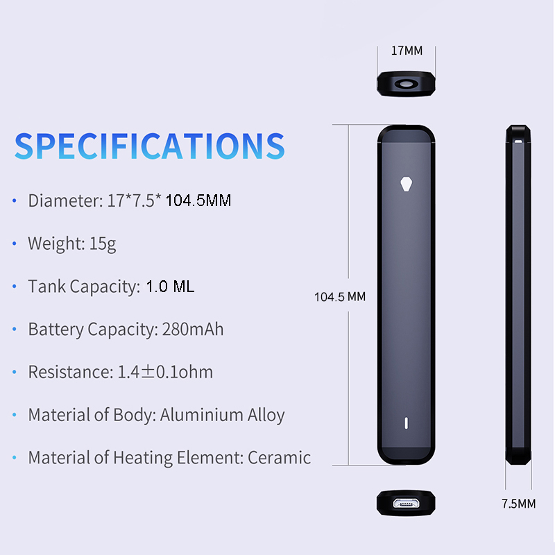 Черные одноразовые ручки для вейпа емкостью 1 мл, пустые, 280 мАч, перезарядка, пустые электронные сигареты, керамическая катушка Vapeble, капсулы для вейпов, стартовые наборы с чистым вкусом, США, испаритель