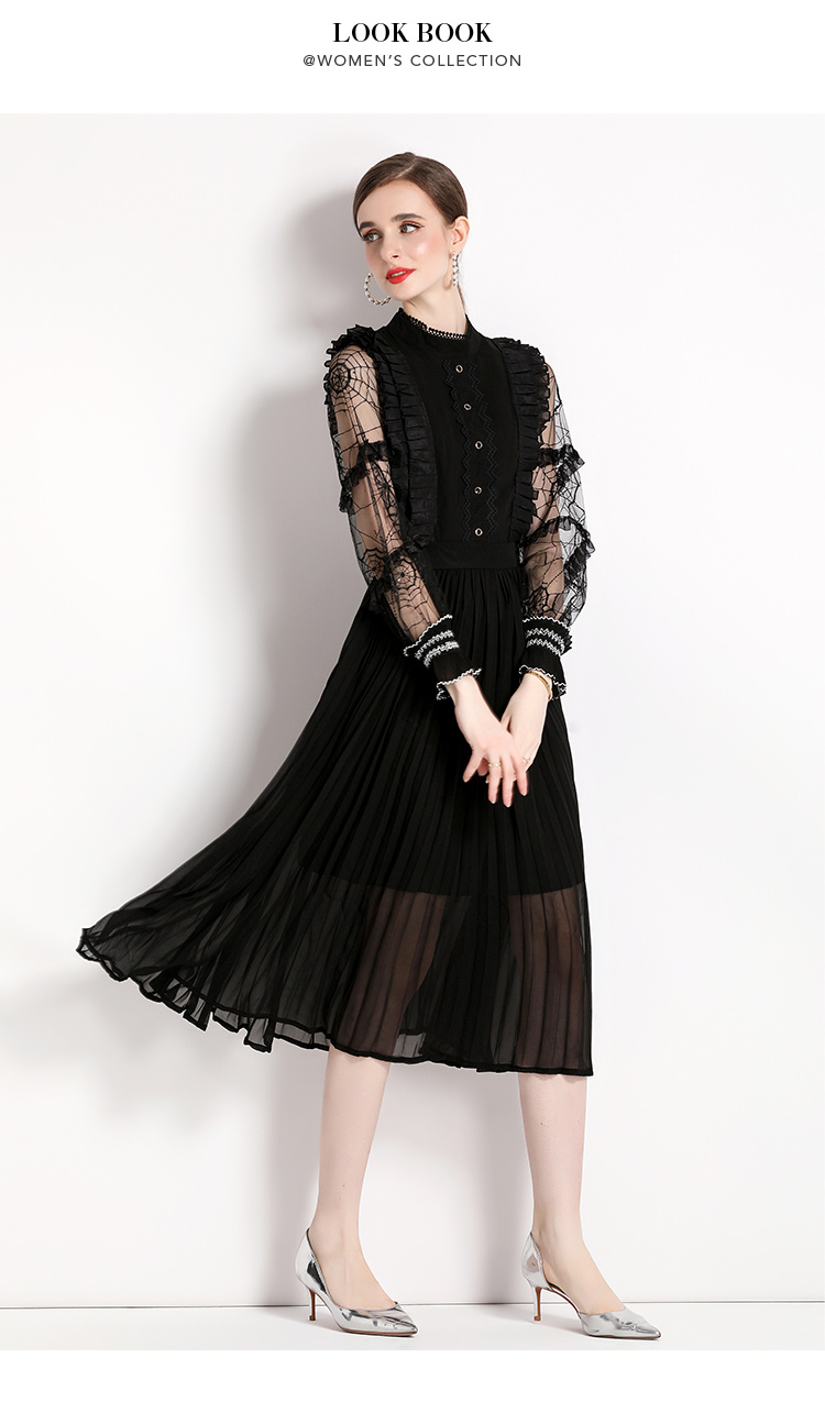 Casual Dresses 2023 Runway Spring Mesh Patchwork Chiffon Pleated Dress Women's Stand Collar Ruffles See Through Long Sleeve Vintage Brodery Dress