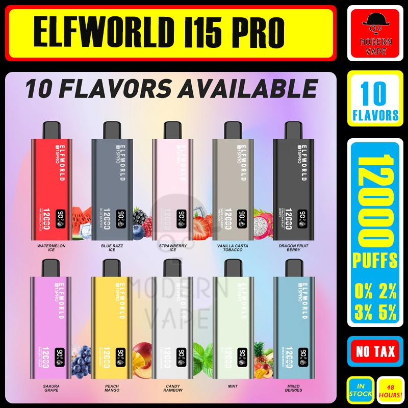 Original ELFWORLD i15Pro 12000 Puffs Screen Charge Display Rechargeable Disposable E Cigarettes Vape Pen 2% 5% Mesh Coil With 600mAh Battery 18ml 10 flavors in stock