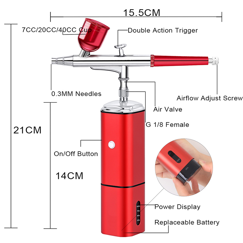 Draadloze airbrush-set met compressor, draagbare mini-luchtborstelpistoolset, draagbare luchtborstels voor schilderen, tatoeage, nagelkunst, mode, make-up, cake, kapper