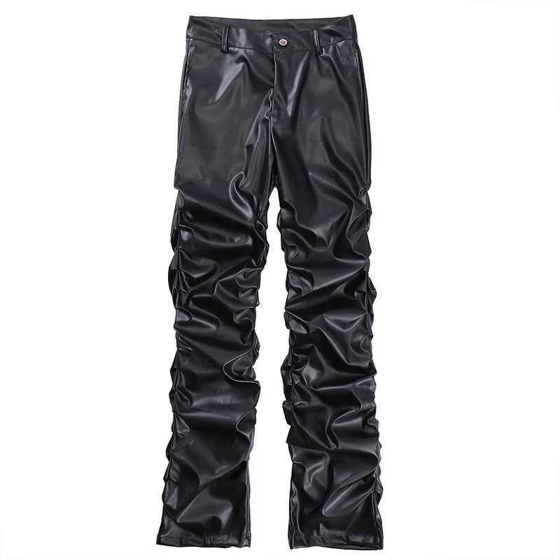 Men's Pants Hip Hop Mens Pleated Pu Leather Pants Harajuku Retro Streetwear Loose Ruched Casual Trousers Straight Solid Color Black Pants J231116