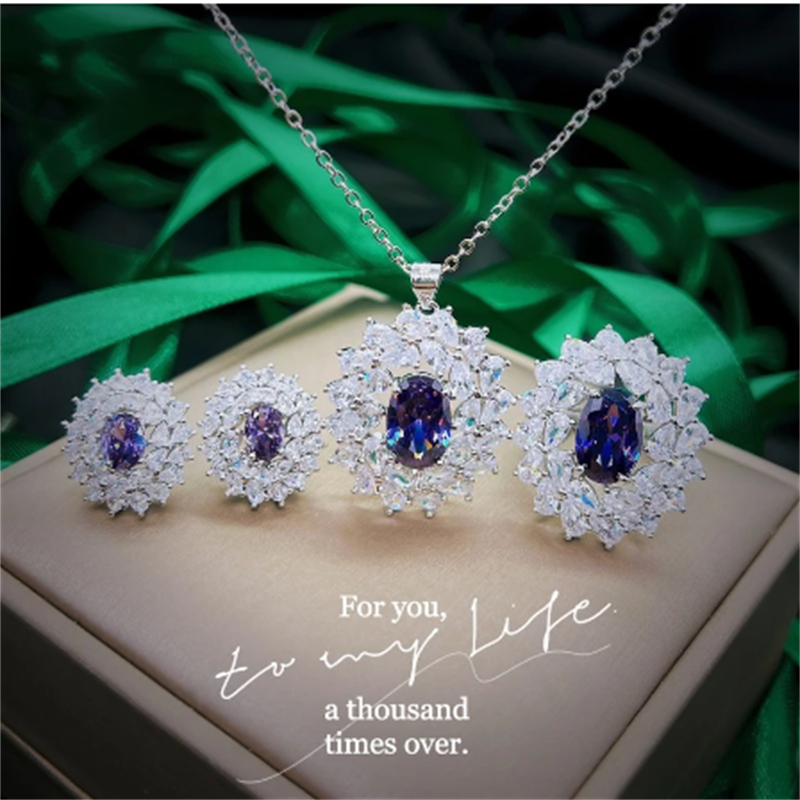 Princess Diana Emerald Diamond Jewelry set 925 Sterling Silver Wedding Rings Earrings Necklace For Women Men Engagement Jewelry