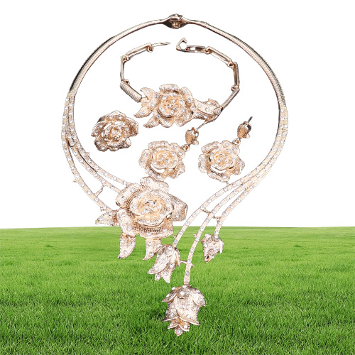 Nieuwe Vrouwen Dubai Goud Kleur Verklaring Bloem Kristal Bruiloft Accessoires Ketting Oorbel Ring Bangle Sieraden Set8708028